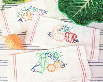 Linges de cuisine brodés vintage : coton à rayures françaises, lot de 3