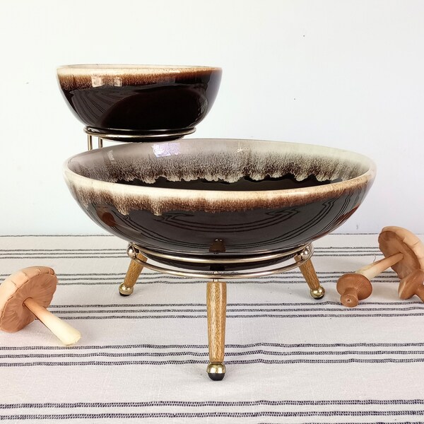 Atomic Chip and Dip Mid Century Brown Drip Pfaltzgraff Footed Snack Party Bowl 1960s
