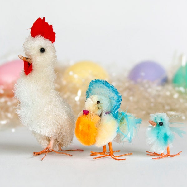 Chenille Chicks Easter Peeps Chickens, Pom Pom Pipe Cleaner, Wire Feet, Set of 3