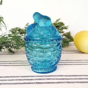 Pressed Glass Jelly Jam Jar, Sugar Honey Container, Strawberry Basket