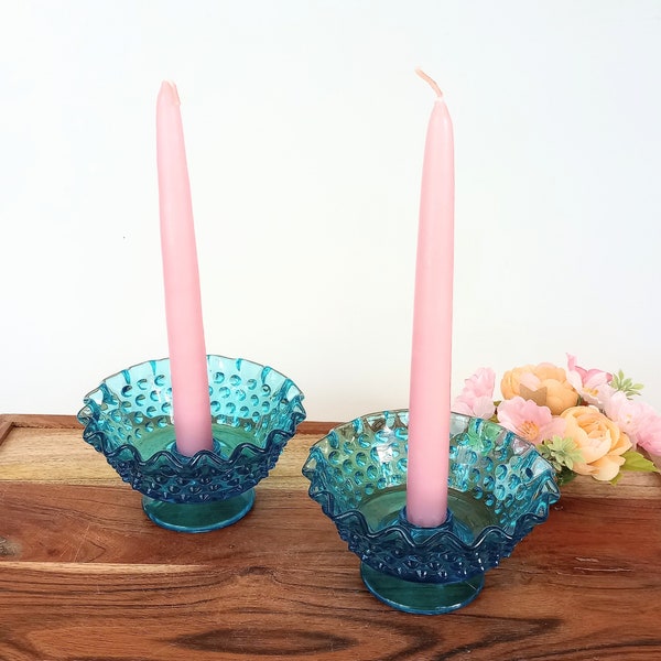 Fenton Candle Holders, Turquoise Hobnail Glass Candlesticks Frilled Edge