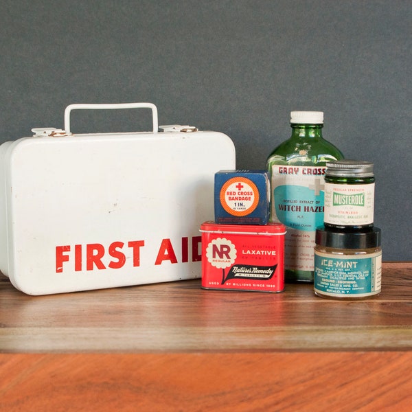 First Aid Kit Vintage Medicine Cabinet Props, Wall Mount Box, Red Cross Bandage Jars Musterole