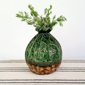 Vintage Cabbage Pottery Bud Vase, Ikebana Stoneware Asian Decor