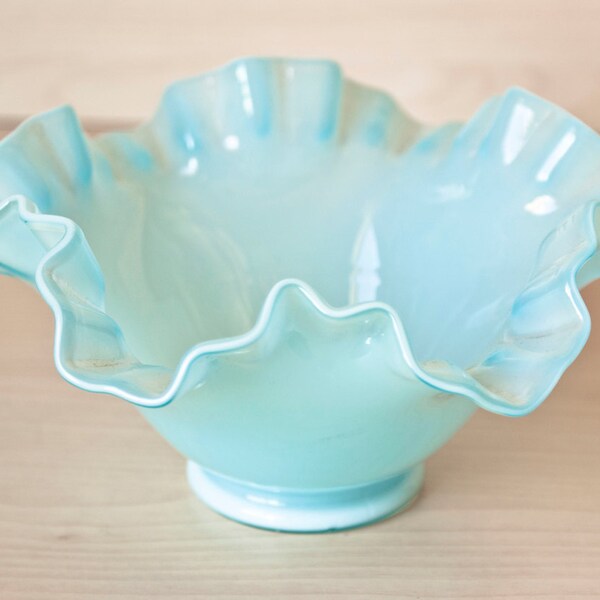 1940's Fenton Blue Overlay Bowl Double Crimped Edges, Robin Egg Vintage Glass Candy Dish