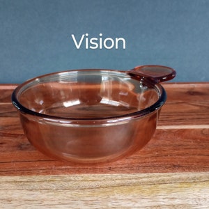 Pode incluir: Uma tigela de vidro transparente &acirc;mbar com uma al&ccedil;a. A palavra "Vision" est&aacute; impressa em branco no canto superior esquerdo. A tigela est&aacute; em uma superf&iacute;cie de madeira.