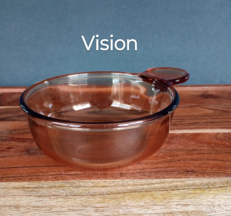 Pode incluir: Uma tigela de vidro transparente &acirc;mbar com uma al&ccedil;a. A palavra "Vision" est&aacute; impressa em branco no canto superior esquerdo. A tigela est&aacute; em uma superf&iacute;cie de madeira.