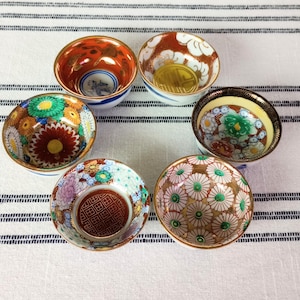 Antique Kutani Sake Cups, Japanese Miniature Rice Bowls, Hand Painted
