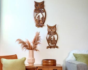 Suspensions murales hibou Tiki Mid-Century, décoration d'Halloween en bois sculpté