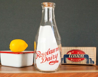 Accessoire de cuisine vintage bouteille de lait, Cayuga Canada, Roselawn Dairy 1 pinte