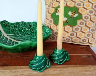 Vintage Hunter Green Candle Holders, Swirl Ceramic Candlesticks