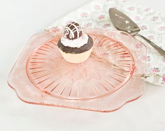 Pink Depression Glass Cake Plate, Jeannette Adam Dessert Serving Platter