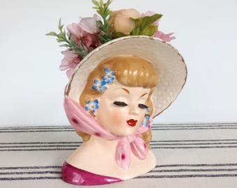 vase vintage Lady Head, cache-pot Glamour Girl, bonnet rose et fleurs