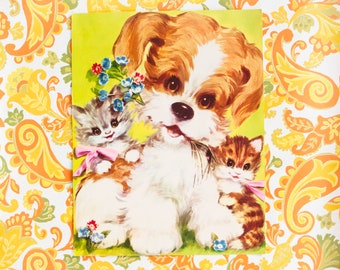 Vintage Terrier & Kittens Art Print: 1960s Nursery Decor (11x14 inches)