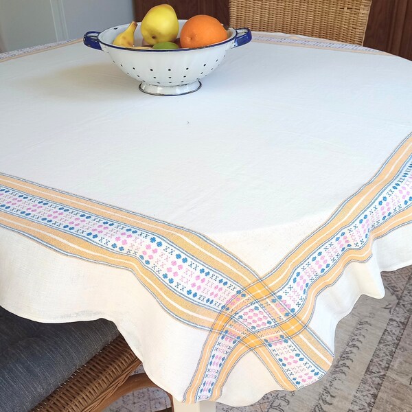 Striped Linen Tablecloth, Woven Linen Pink Blue Yellow Dot Pattern Table Cloth