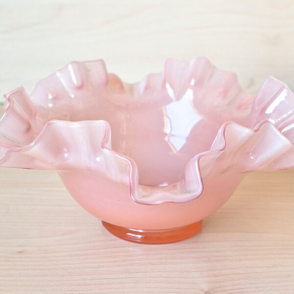 1940's Fenton Rose Overlay Bowl Double Crimped Edges, Candy Dish, Art Glass