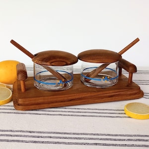 Teak Condiment Set, Honey Pot, Goodwood Sugar Jar Jam Containers Glass Jars NOS