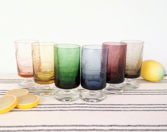 Gobelets en verre arc-en-ciel gravés : gobelets à cocktail des années 1970