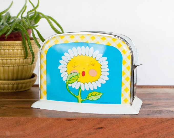 Tin Toy Toaster With Daisy Print, Anthropomorphic Face, Pretend Kitchen