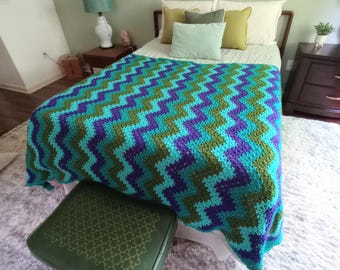 Manta afgana vintage con estampado de chevrón, manta de ganchillo estilo años 70 con estampado en zigzag, estilo bohemio para el dormitorio.