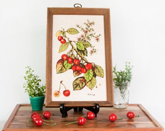 Cherry Print Kitchen Art Picture, Fabric Silk Screen on Linen, KayDee Rhode Island