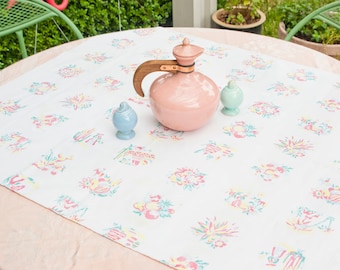 Pastel Tablecloth, Cute Fiesta Mexican Print Pink Green, Mid Century Table Cloth