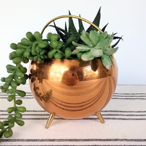 Vintage Copper Planter, Ball Shaped Cauldron Vase Succulent Cactus Pot