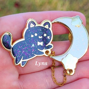 Star Kitty Enamel Pin | Galaxy Cat, Crescent Moon, Glitter Detail
