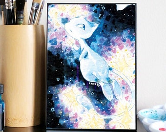 Ilustración inspirada en Mew shiny legendario / Pokémon / Ilustración de arte en acuarela impresa
