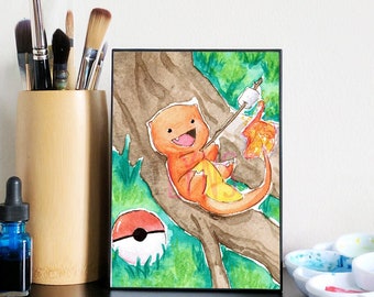 Charmander Watercolor Print | Cute Chibi Art