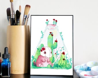 Cubone Cactus Watercolor Art Print, Chibi Game Fanart (5x7)
