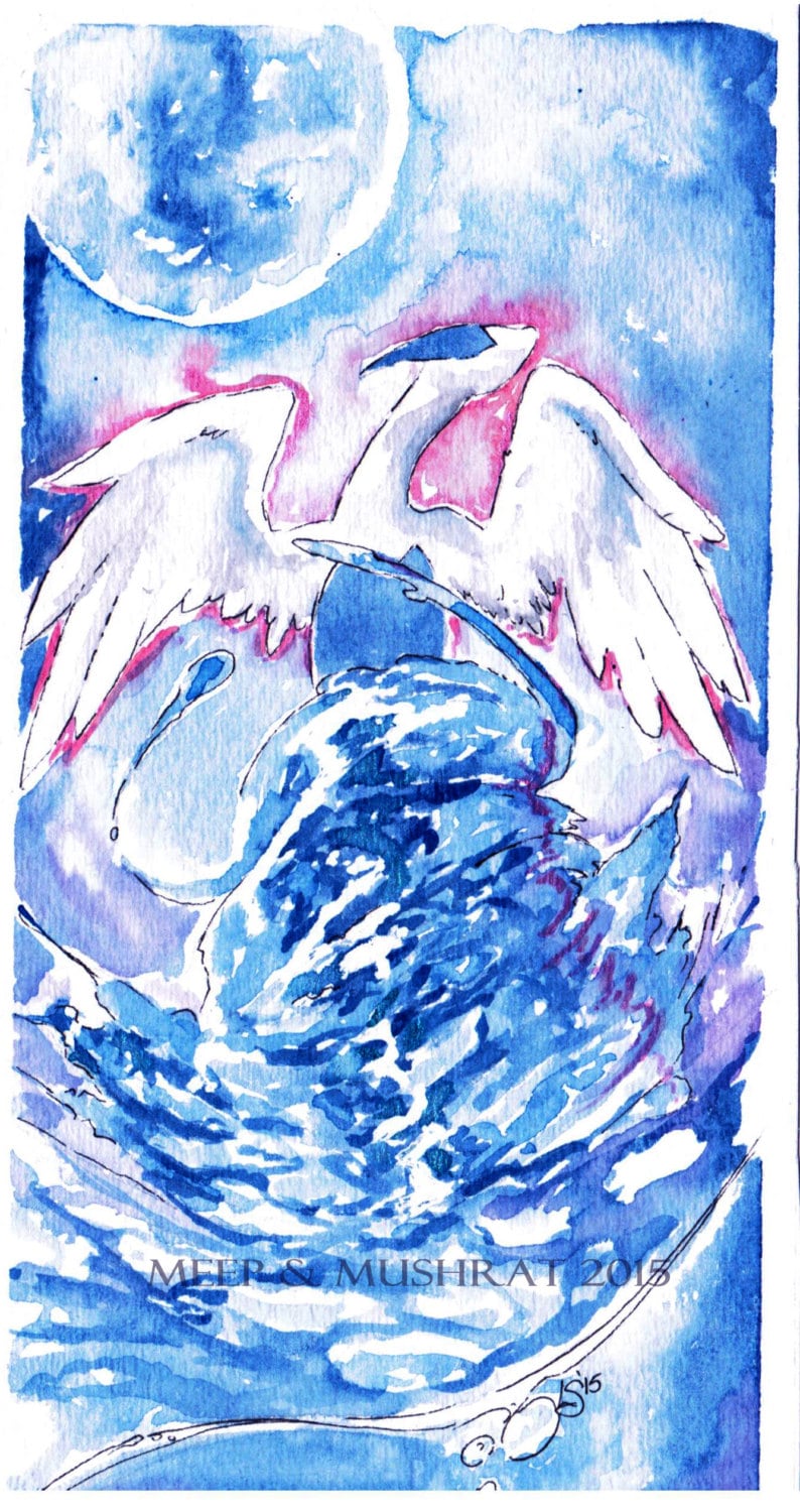 Puede incluir: Una pintura de acuarela de un p&aacute;jaro blanco con acentos rosados, con las alas extendidas, volando sobre un mar azul y blanco que se arremolina. La pintura est&aacute; firmada "MEER & MUSHRAT 2015".