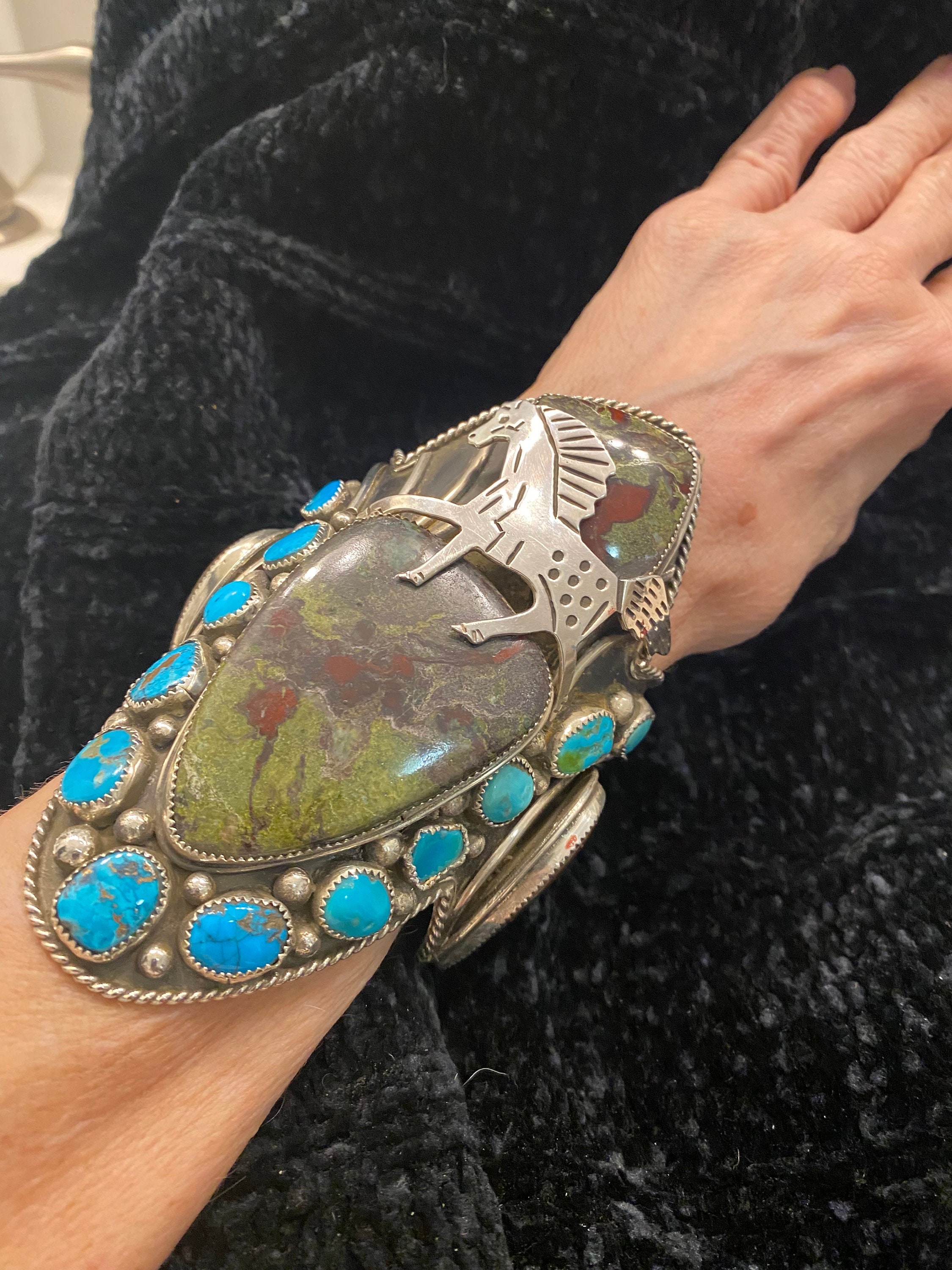 Native American Heavy 100+ Gram Vintage Navajo Turquoise Coral Inlay Sterling Silver Bracelet Native American Heavy 100+ Gram Vintage Navajo Turquoise Coral Inlay Sterling Silver Bracelet