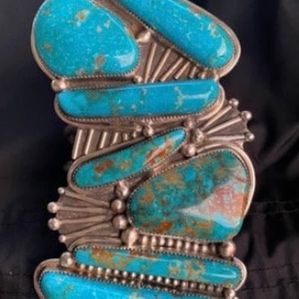 Sold to Linda and on layaway – please do not buy this item – Stunning 215 gram Signed Native American SS Turquoise Cuff Bracelet.