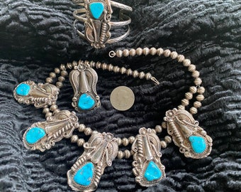 Exquisite Vintage Zuni Morenci Turquoise SS Squash Blossom Necklace, Cuff Bracelet, Ring set