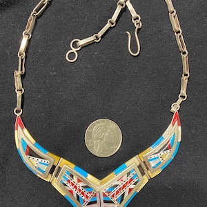 Vintage Zuni Multiple Stone Channel Inlay Sterling Silver Necklace