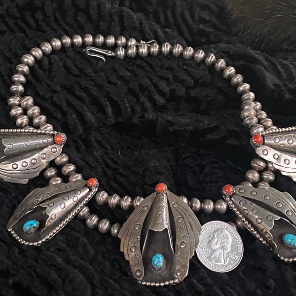 Vintage ZUNI style Sterling Turquoise Coral Squash Blossom Necklace