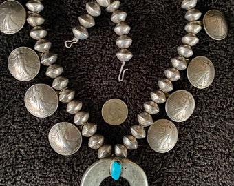 426 Grams Vintage Native American Navajo Turquoise Coin Silver Squash Blossom Necklace 426 Grams Vintage Native American Navajo Turquoise Coin Silver Squash Blossom Necklace
