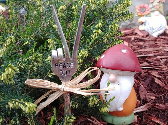 hippie garden art re purposed flatware PEACE sign fingers fork 1960s gardener decor funny gift garden marker plant decorations