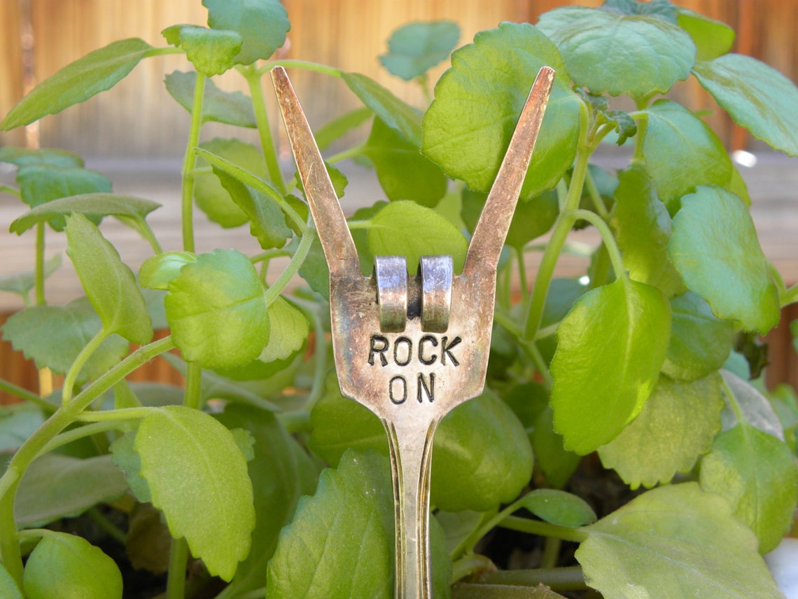 ROCK ON fork garden marker rock garden silver fork Etsy