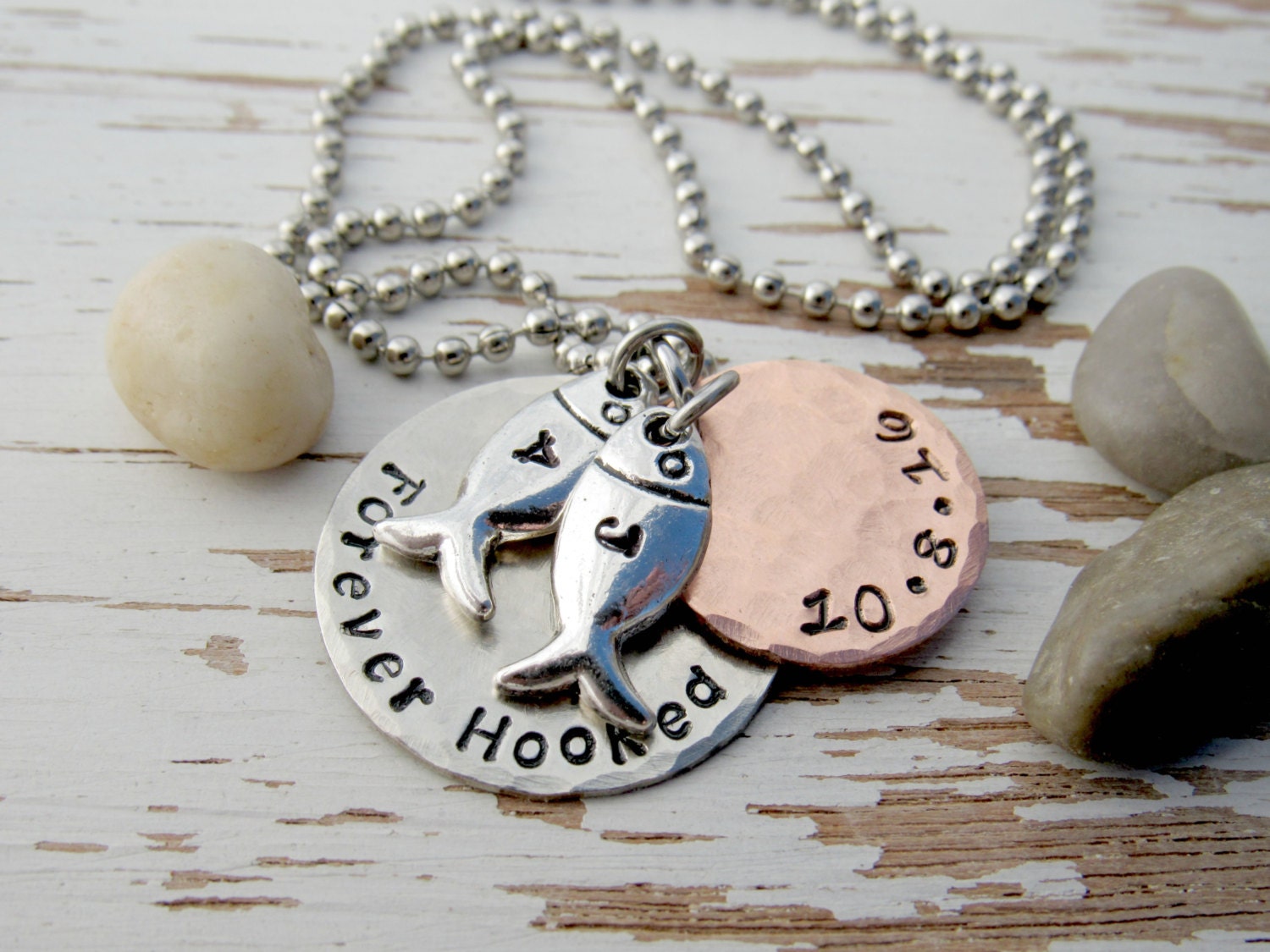 Fisherman Silver fish charm personalized initial hand stamped monogram Fish charm jewelry fishing initial necklace Fish necklace