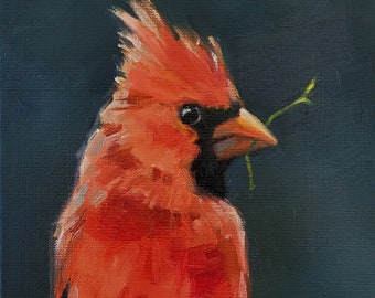 Male Cardinal, original bird oil painting, small bright red impressionist linen canvas animal wall art study, unique handmade gift