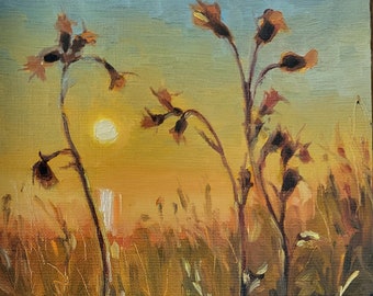 Warm August field sunset, original plant oil painting, small impressionist summer landscape Pacific Northwest Washington Whidbey wall art