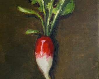 Breakfast radish, original root vegetable still life oil painting, cute small impressionist food art kitchen decor red and white study