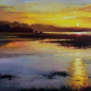 A good ending, original landscape oil painting sunset, Whidbey Island seascape Washington Dugualla Bay evening sky colorful wall art decor
