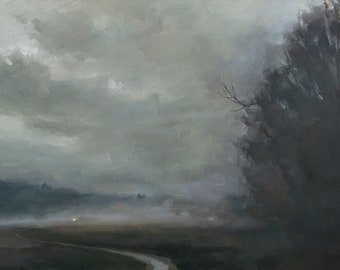 Overcast path by the woods, original landscape oil painting, impressionist field forest canvas melancholy gray handmade dark gift wall art
