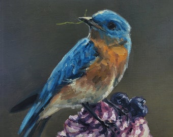 Pastelito de arándanos Bluebird, bodegón original con pintura al óleo de pájaros, pequeño arte impresionista de pared de animales lindos, decoración de cocina de comida de postre