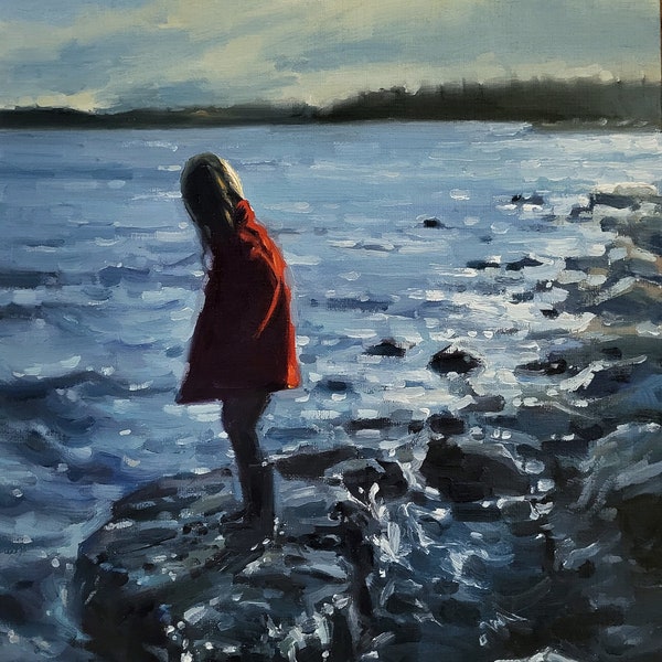 Seascape Oil Painting, Girl in Red Coat, Pacific Northwest Art 9x12"