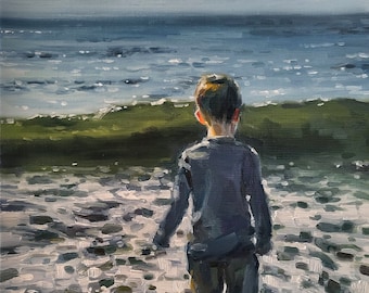 Boy and the wave, original figure oil painting, child at beach landscape portrait, ocean shore linen canvas handmade gift wall art