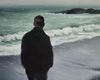 Man watching waves, original male figure oil painting, Rialto Beach dark gray monochrome melancholy seascape Washington coast landscape art
