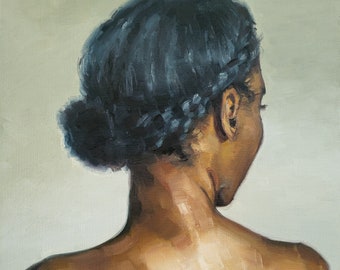 Portrait of a young woman turned away, original oil painting figure study, impressionist neutral gray African American beautiful unique art